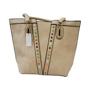 Chic Beige Tote Bag with Multicolored Stud Detailing